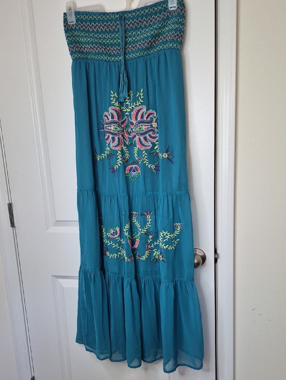 Flying Tomato Teal Smocked Strapless Dress with Multicolor Embroidery Size L